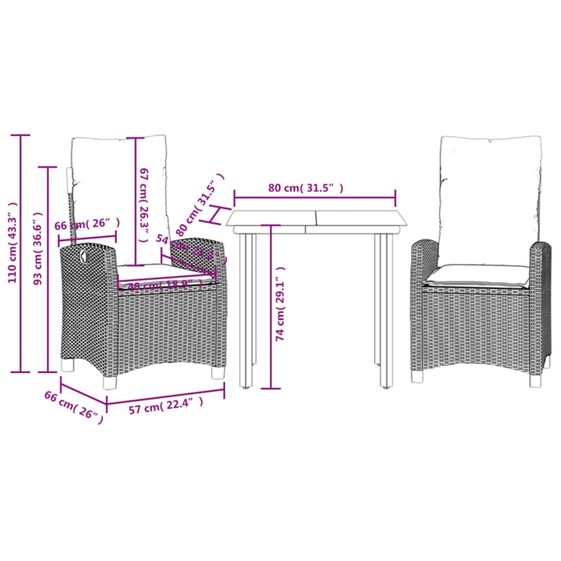 vidaXL 3 Piece Poly Rattan Garden Dining Set in Grey/Black/Navy Blue