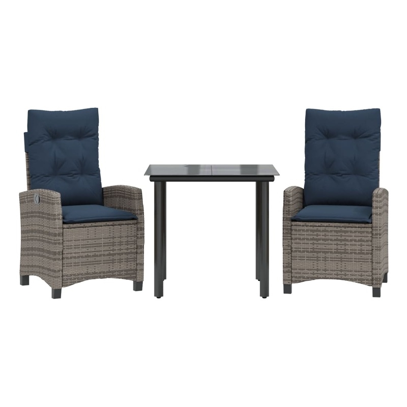 vidaXL 3 Piece Poly Rattan Garden Dining Set in Grey/Black/Navy Blue