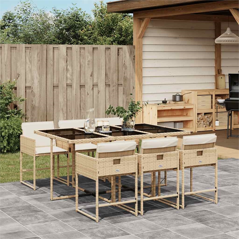 vidaXL 7 Piece Poly Rattan Garden Dining Set in Beige/Cream White/Black