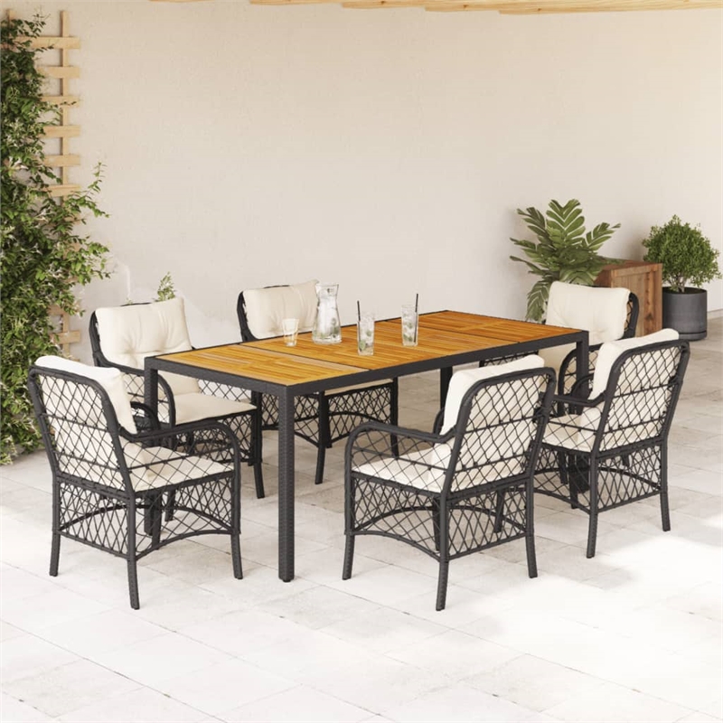 vidaXL 7 Piece Poly Rattan Garden Dining Set in Black/Cream White