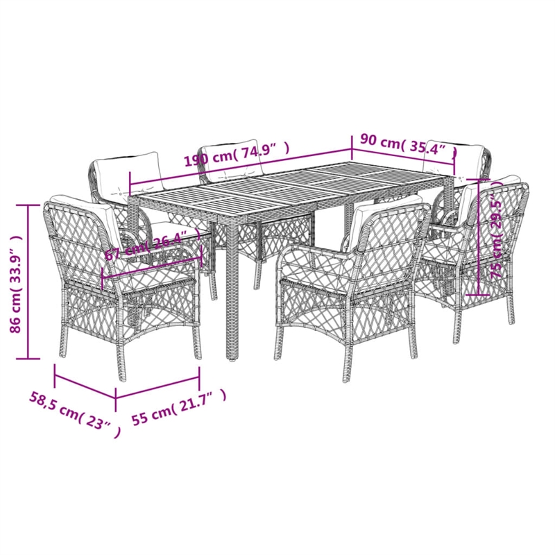 vidaXL 7 Piece Poly Rattan Garden Dining Set in Black/Cream White