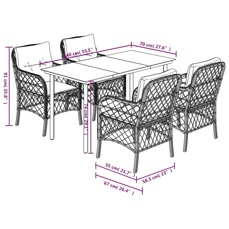 vidaXL 5 Piece Poly Rattan Garden Dining Set in Black/Cream