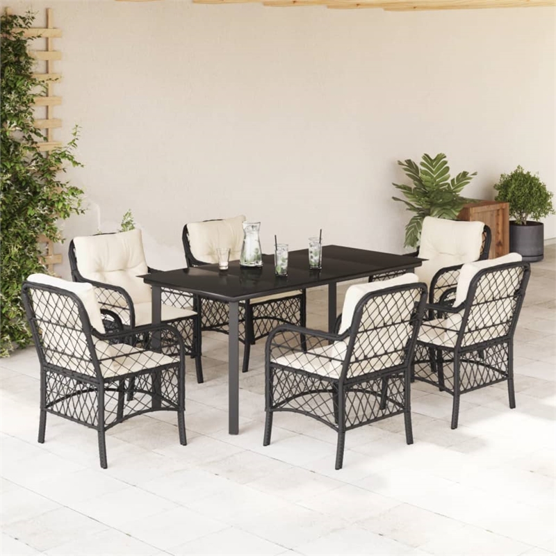 vidaXL 7 Piece Poly Rattan Garden Dining Set in Black/Cream White
