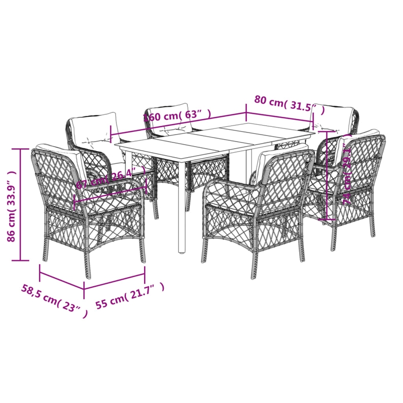 vidaXL 7 Piece Poly Rattan Garden Dining Set in Black/Cream White