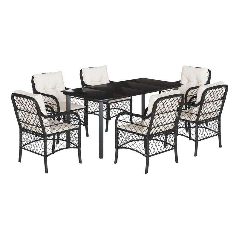 vidaXL 7 Piece Poly Rattan Garden Dining Set in Black/Cream White