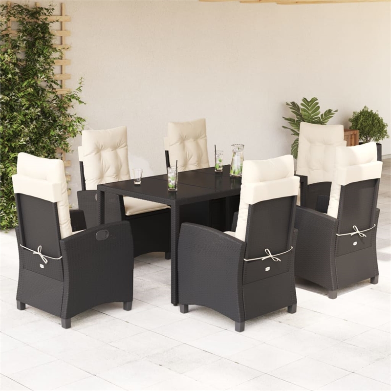 vidaXL 7 Piece Poly Rattan Garden Dining Set in Black/Cream White