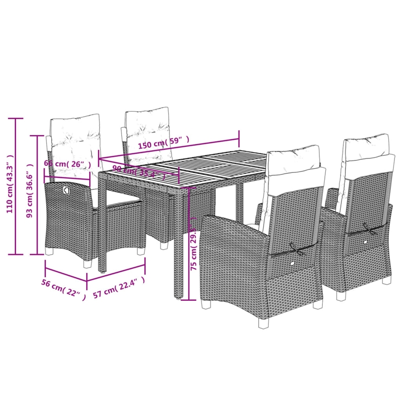 vidaXL 5 Piece Poly Rattan Garden Dining Set in Black/Cream White