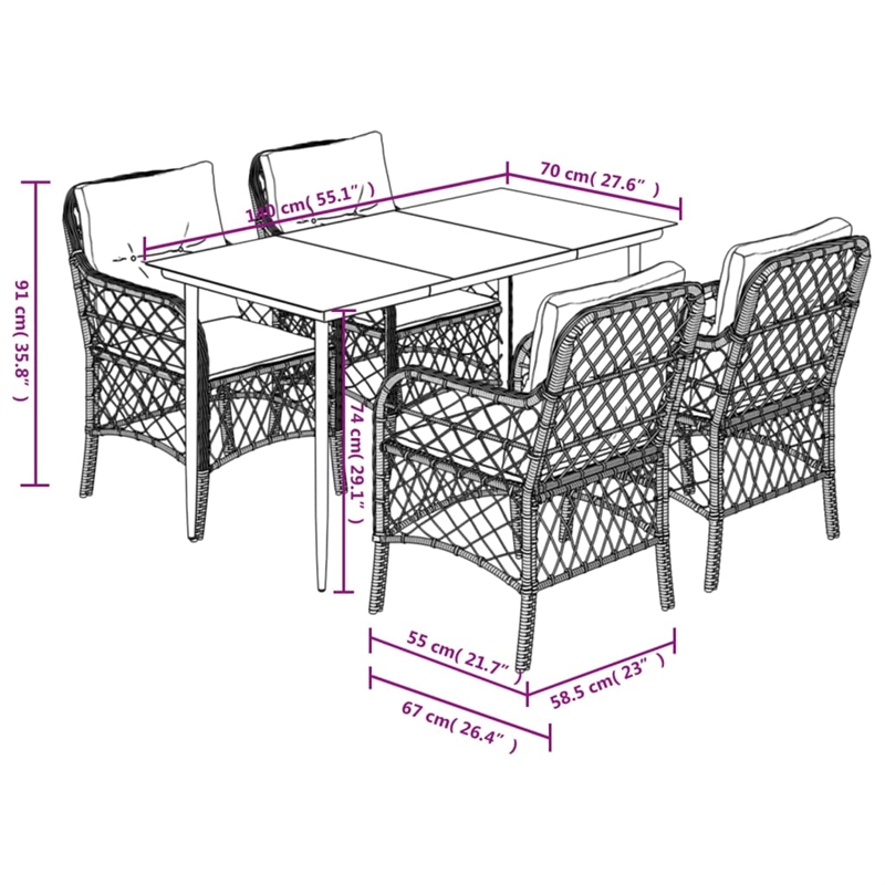 vidaXL 5 Piece Poly Rattan Garden Dining Set in Black/Cream White