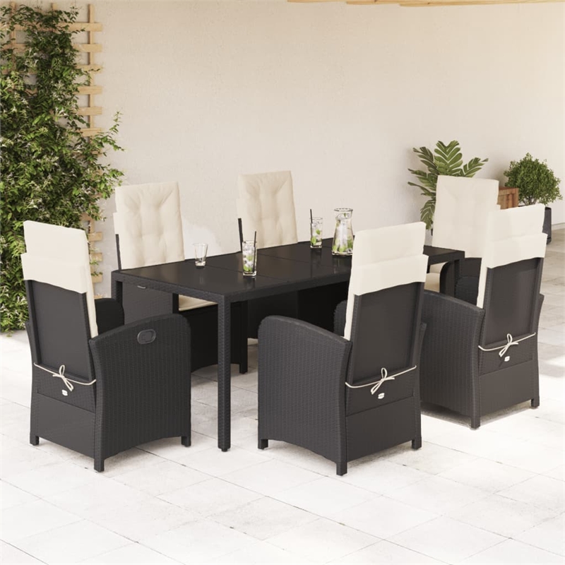 vidaXL 7 Piece Poly Rattan Patio Dining Set in Black/Cream White