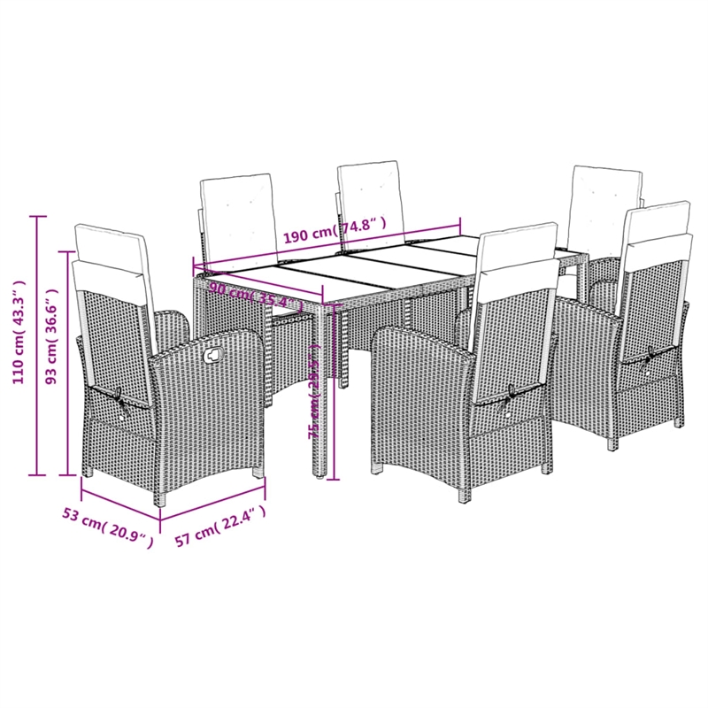 vidaXL 7 Piece Poly Rattan Patio Dining Set in Black/Cream White