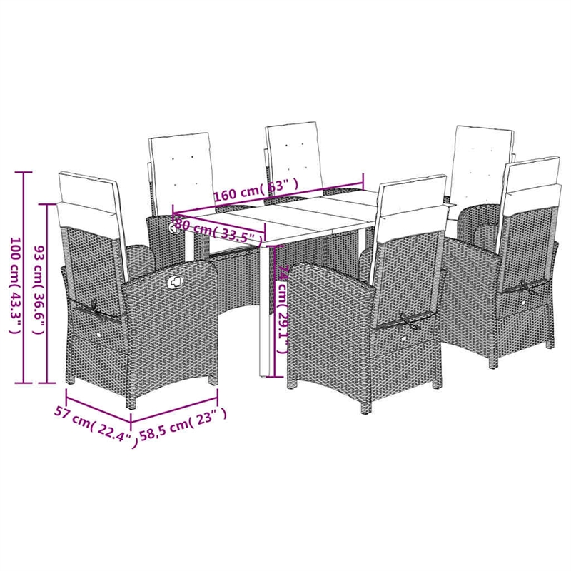 vidaXL 7 Piece Rattan Garden Dining Set in Grey/Black/Navy Blue