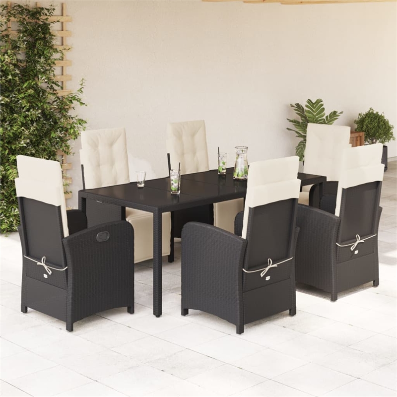 vidaXL 7 Piece Poly Rattan Patio Dining Set in Black/Cream White