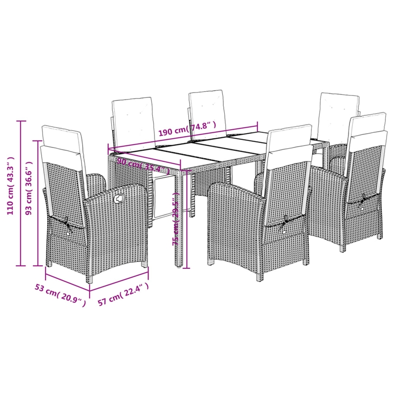 vidaXL 7 Piece Poly Rattan Patio Dining Set in Black/Cream White