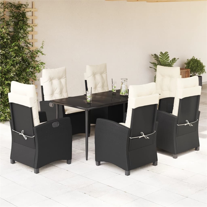 vidaXL 7 Piece Poly Rattan Garden Dining Set in Black/Cream White