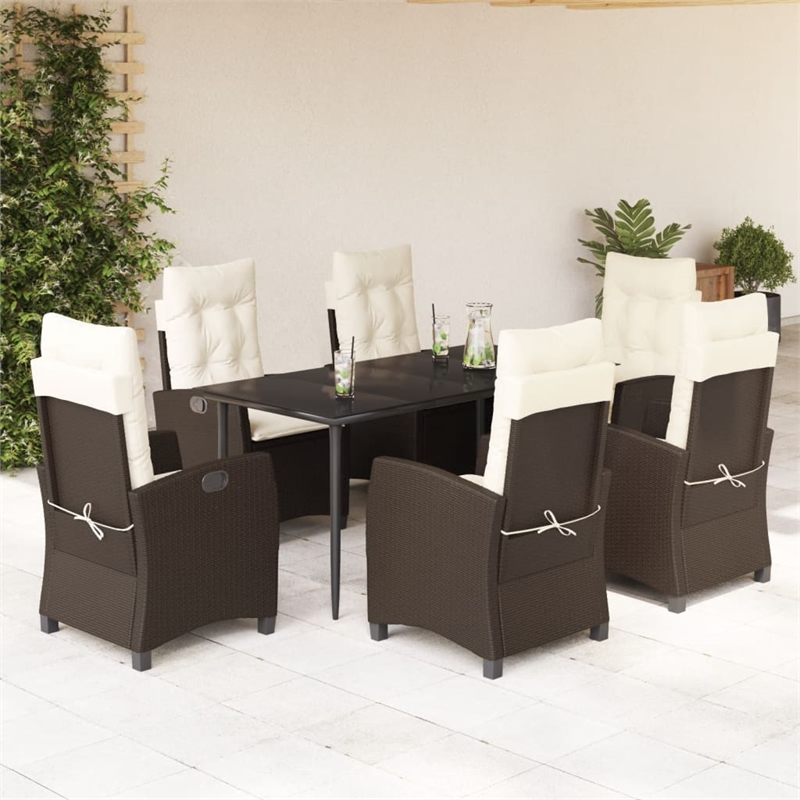 vidaXL 7 Piece Rattan Garden Dining Set in Black/Cream White