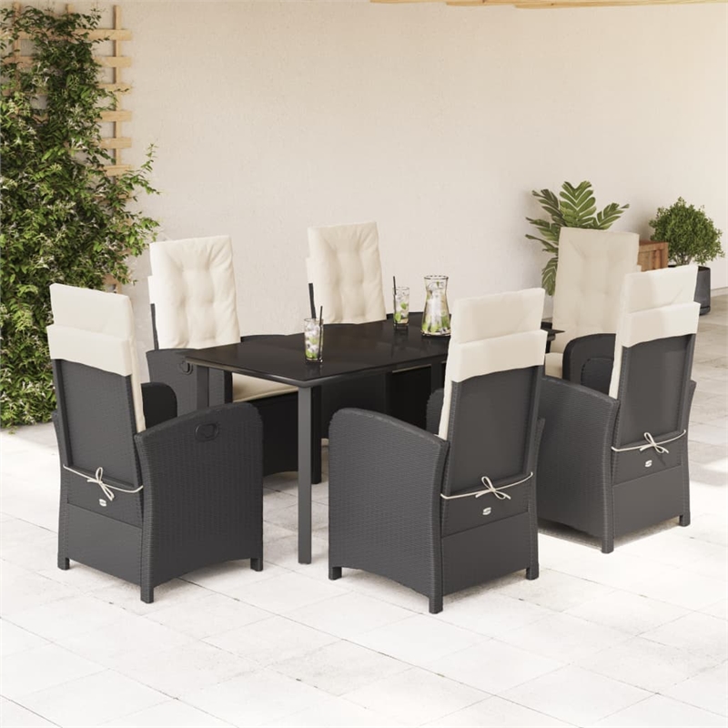vidaXL 7 Piece Poly Rattan Garden Dining Set in Black/Cream White