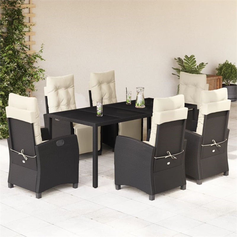vidaXL 7 Piece Poly Rattan Garden Dining Set in Black/Cream White