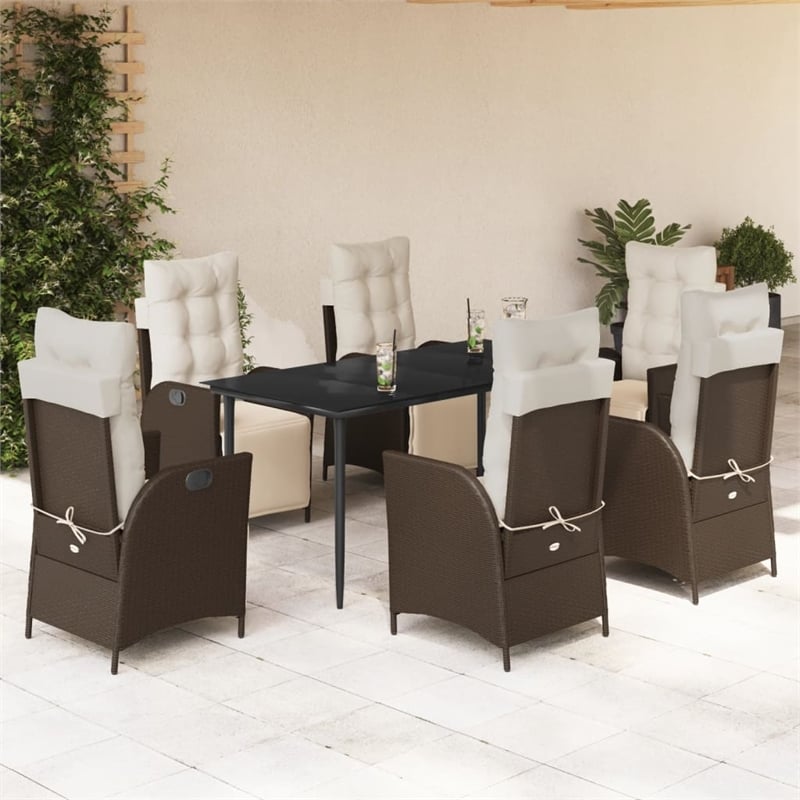 vidaXL 7 Piece Poly Rattan Garden Dining Set in Brown/Cream white/Black