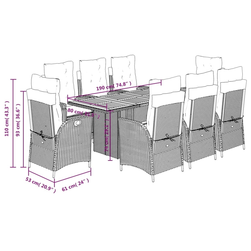 vidaXL 9 Piece Poly Rattan Garden Dining Set in Black