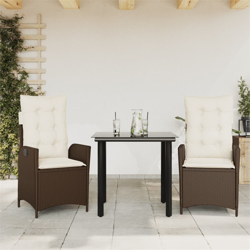 vidaXL 3 Piece Poly Rattan Garden Dining Set in Brown/Cream white/Black