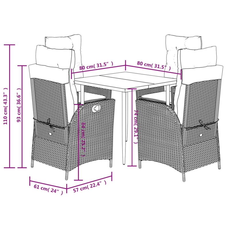 vidaXL 5 Piece Poly Rattan Garden Dining Set in Black/Dark Gray