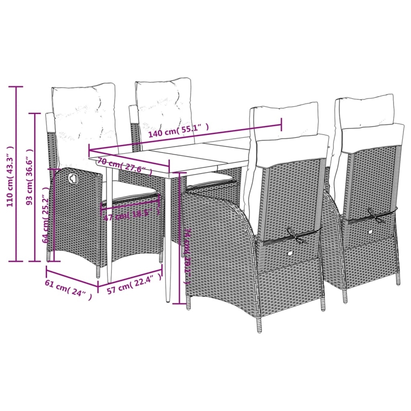 vidaXL 5 Piece Poly Rattan Garden Dining Set in Black/Cream White