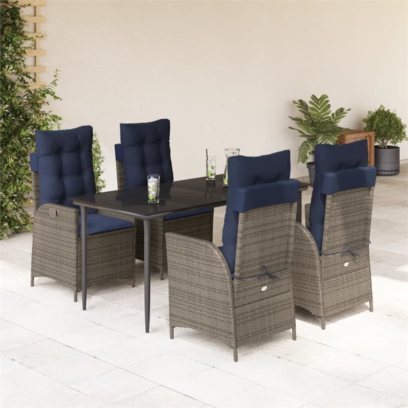 vidaXL 5 Piece Poly Rattan Garden Dining Set in Gray/Black/Navy Blue