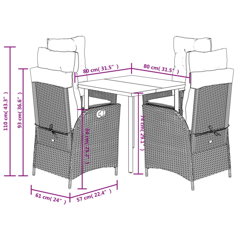 vidaXL 5 Piece Poly Rattan Garden Dining Set with Cushions in Black