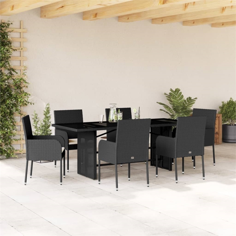 vidaXL 7 Piece Rattan Garden Dining Set with Cushions in Black/Cream White