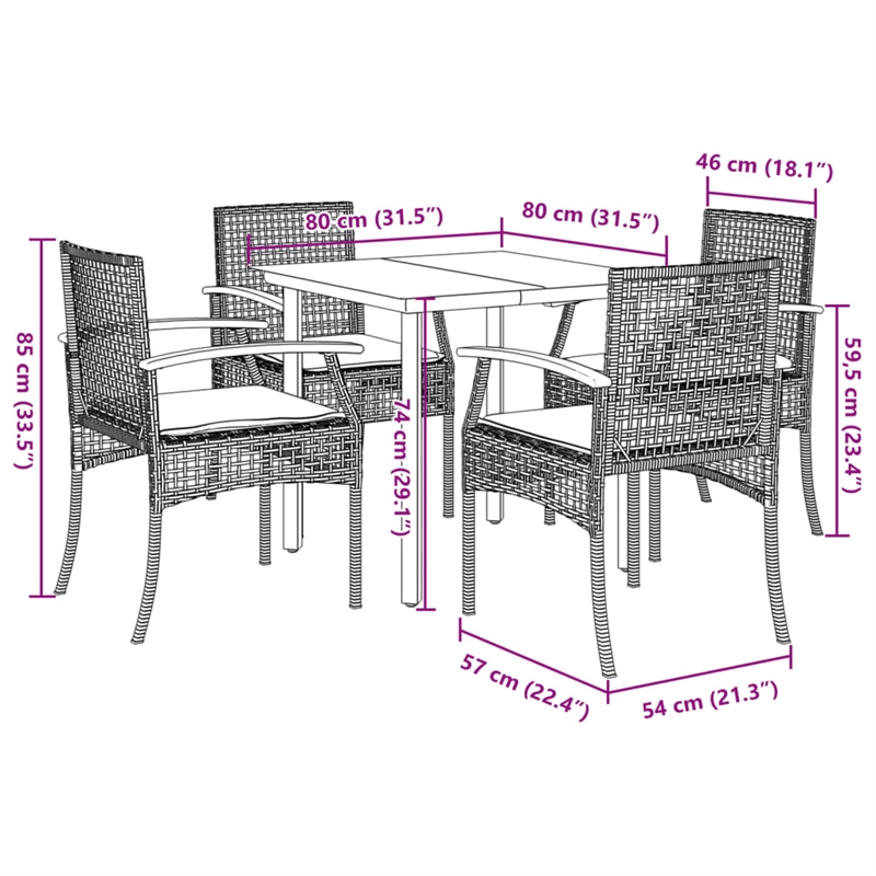 vidaXL 5 Piece Rattan Garden Dining Set with Cushions in Black