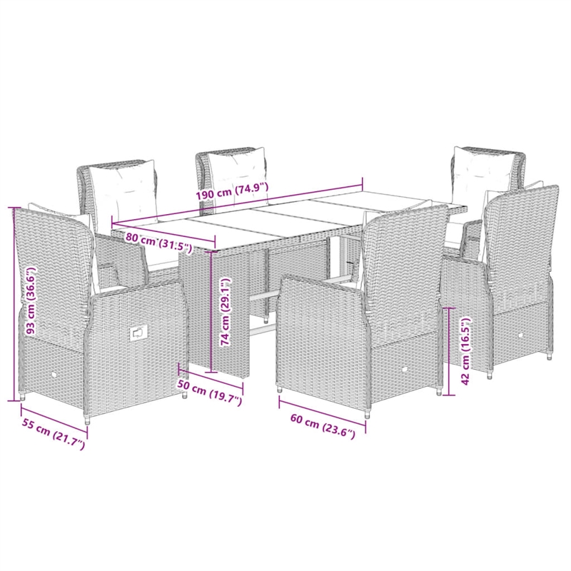 vidaXL 7 Piece Poly Rattan Garden Dining Set in Black/Cream White