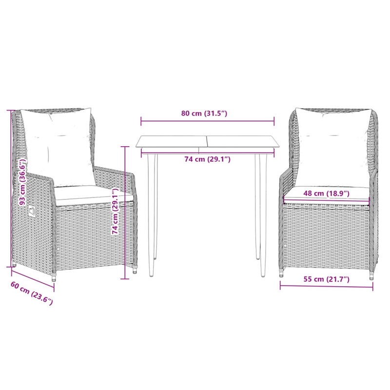 vidaXL 3 Piece Poly Rattan Garden Dining Set in Black/Cream White