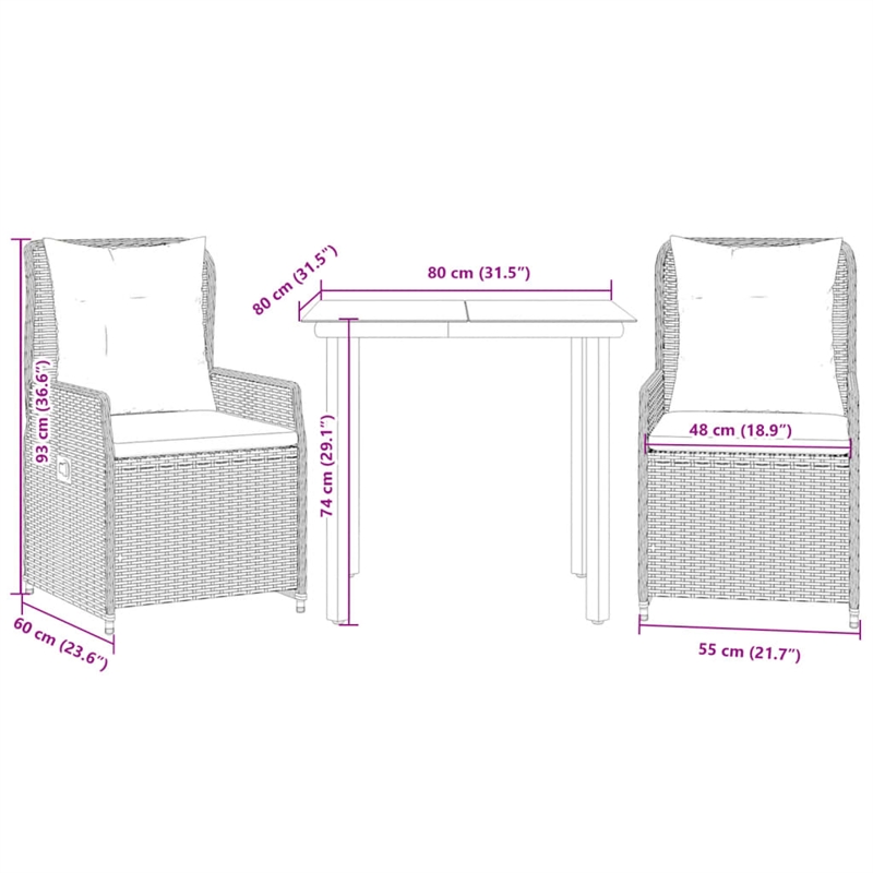 vidaXL 3 Piece Poly Rattan Garden Dining Set in Black/Cream White