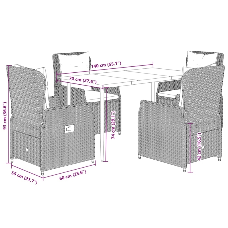vidaXL 5 Piece Poly Rattan Garden Dining Set in Black/Dark Gray