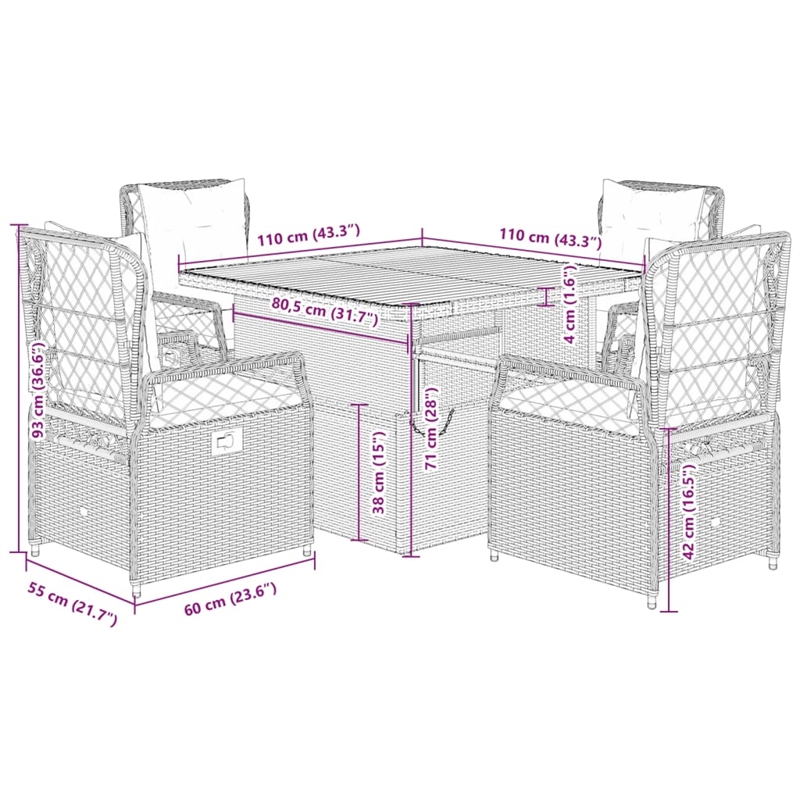 vidaXL 5 Piece Rattan Garden Dining Set in Black/Cream White