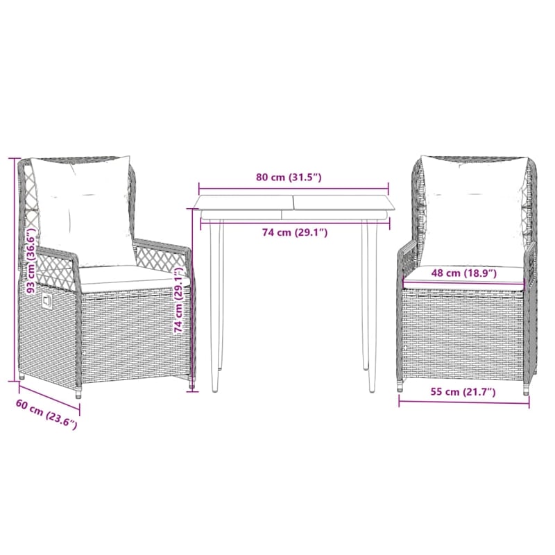 vidaXL 3 Piece Poly Rattan Garden Dining Set in Black