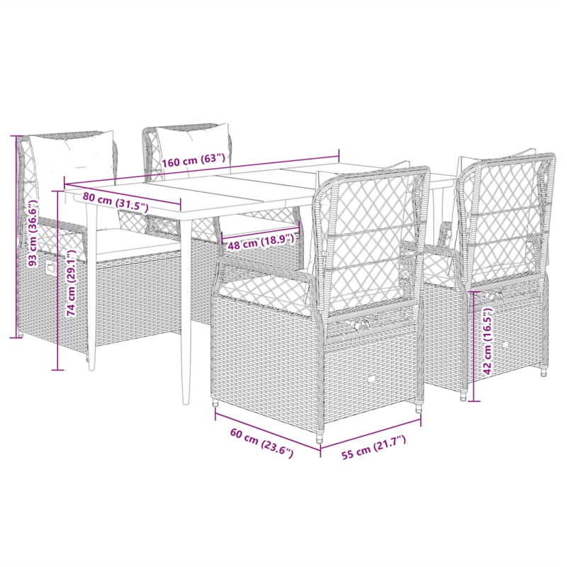 vidaXL 5 Piece Rattan Garden Dining Set in Black/Cream White