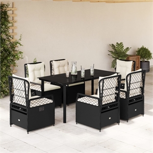 vidaXL 7 Piece Rattan Garden Dining Set in Black/Cream White