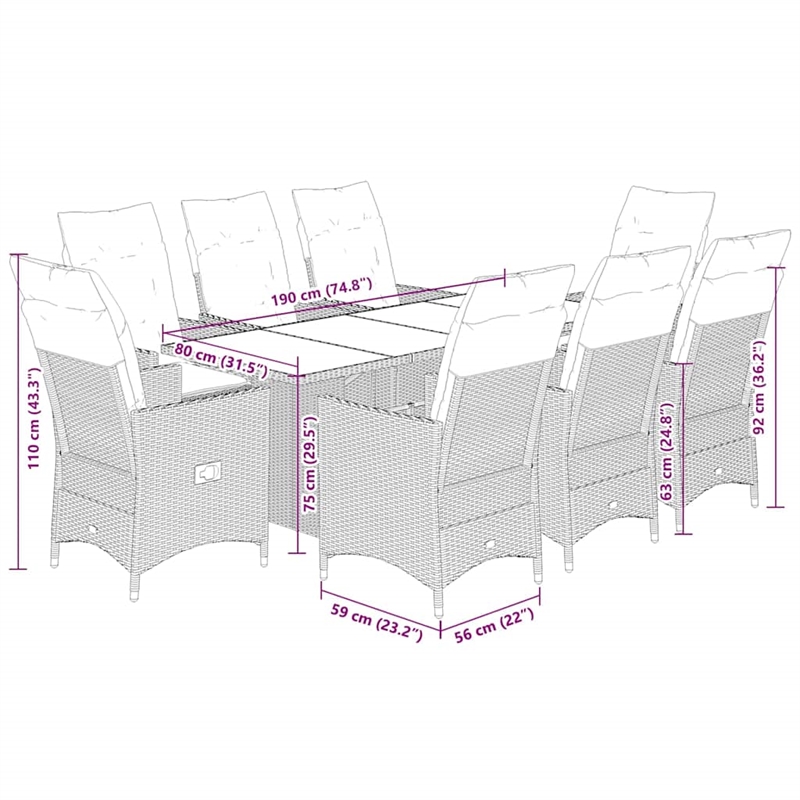 vidaXL 9 Piece Poly Rattan Garden Dining Set in Black/Cream White