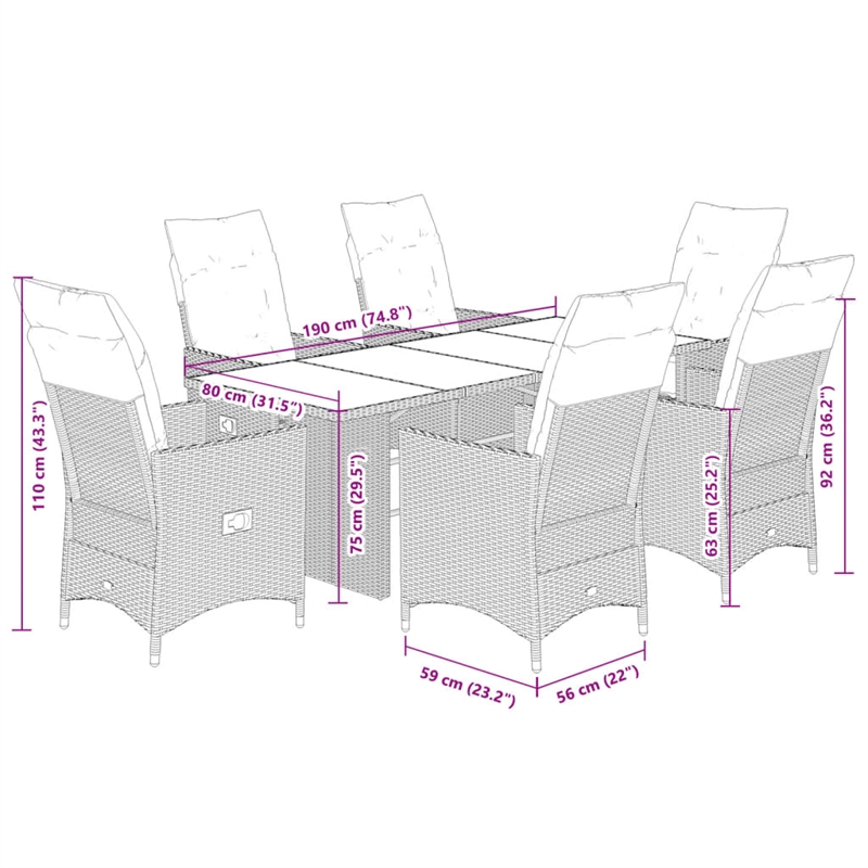 vidaXL 7 Piece Rattan Garden Dining Set in Black/Cream White