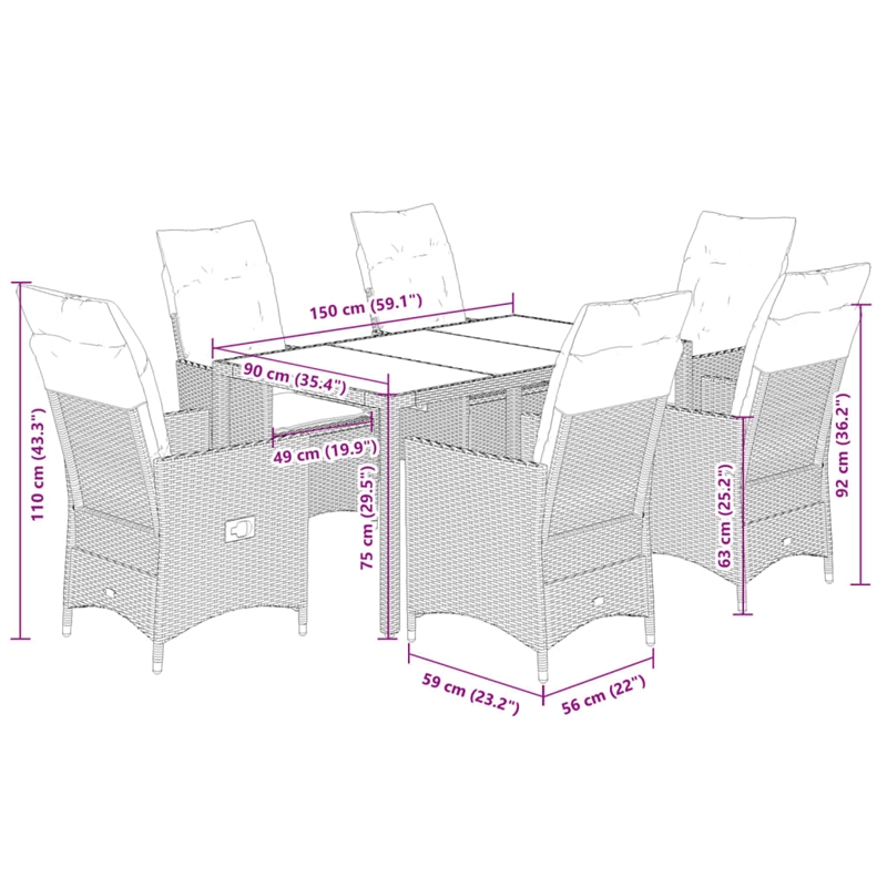vidaXL 7 Piece Powder-Coated Steel Garden Dining Set in Gray