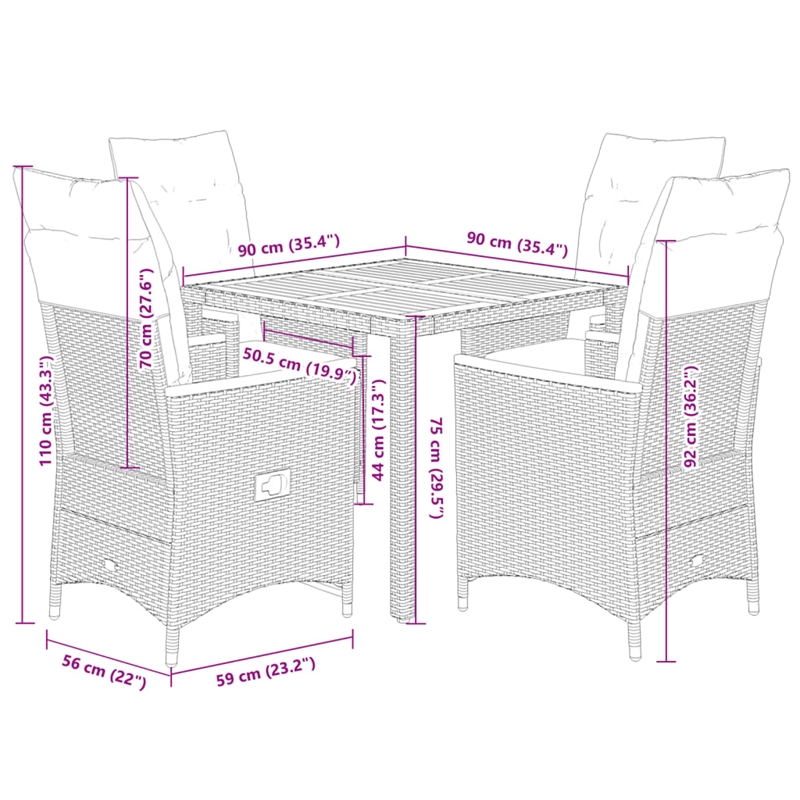 vidaXL 5 Piece Rattan Garden Dining Set in Black/Cream White