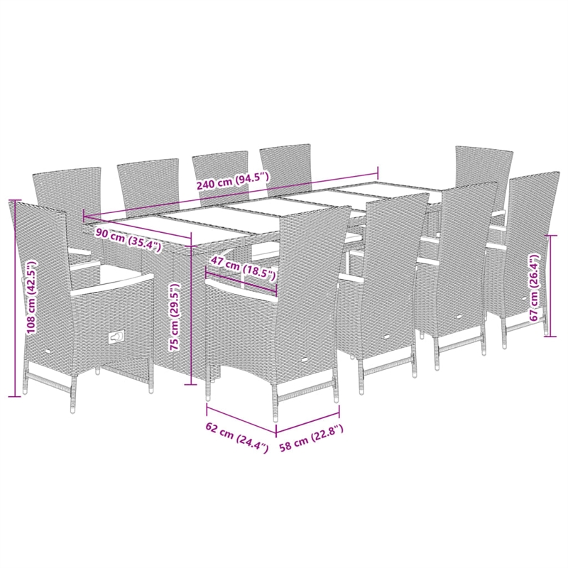vidaXL 11 Piece Poly Rattan Garden Dining Set in Black/Cream White