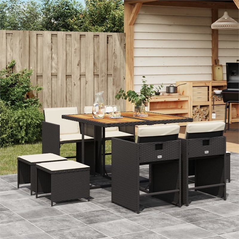 vidaXL 9 Piece Poly Rattan Patio Dining Set in Brown/Cream white/Black