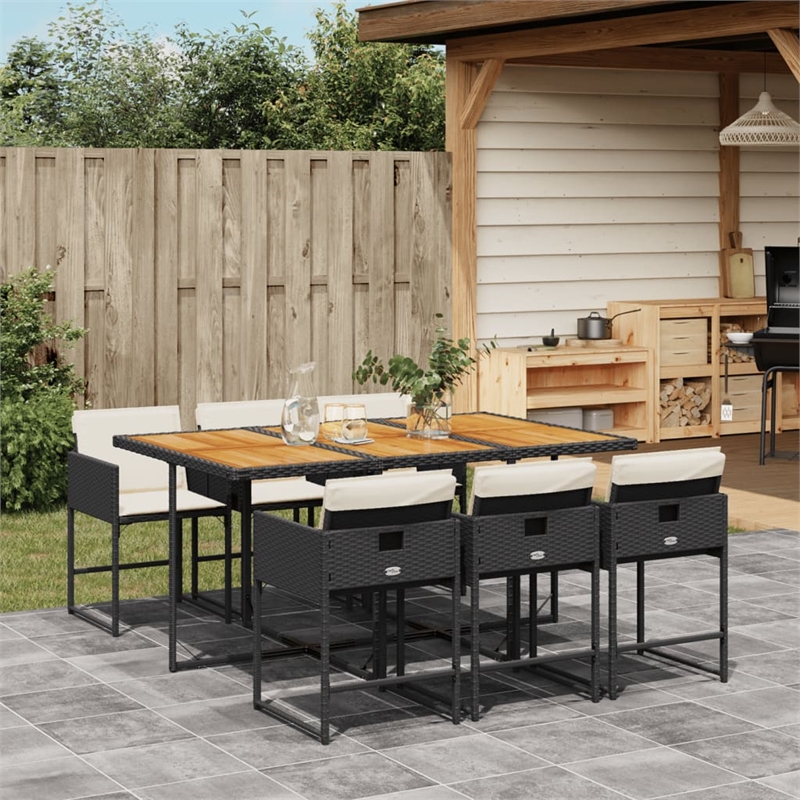 vidaXL 7 Piece Rattan Garden Dining Set in Black/Cream White