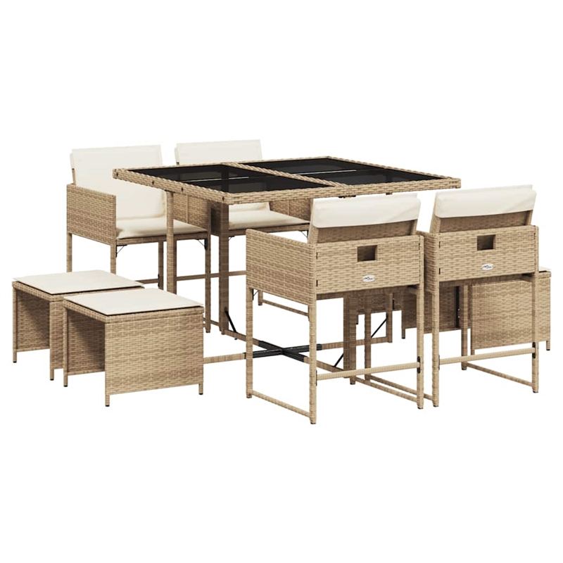 vidaXL 9 Piece Poly Rattan Garden Dining Set in Beige/Cream White/Black