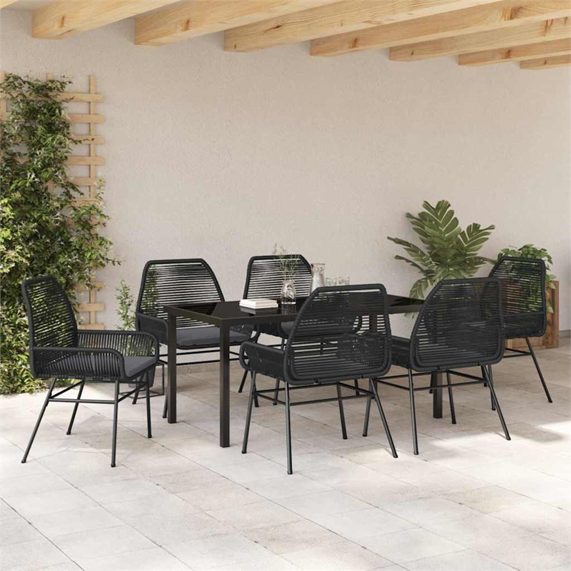 vidaXL 7 Piece Poly Rattan Garden Dining Set with Cushions in Black