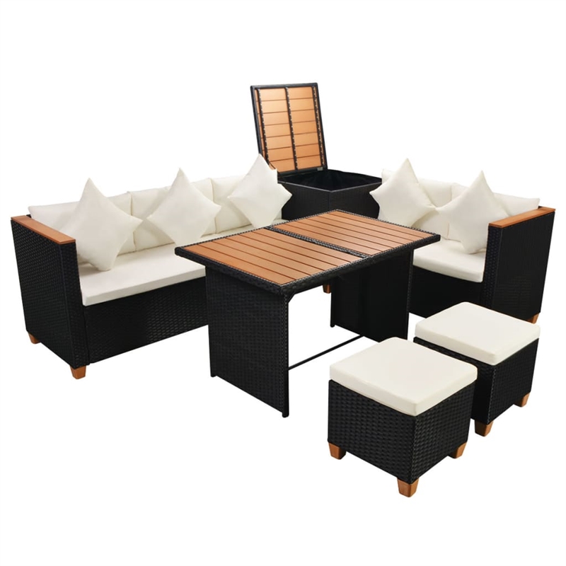 vidaXL 7 Piece Poly Rattan Garden Dining Set with Cushions in Black
