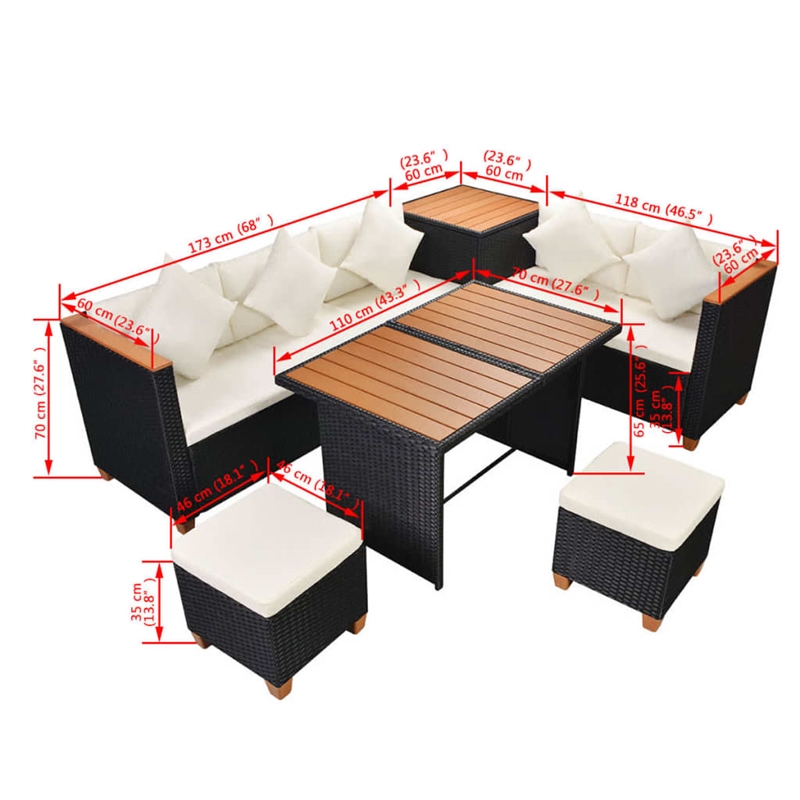 vidaXL 7 Piece Poly Rattan Garden Dining Set with Cushions in Black