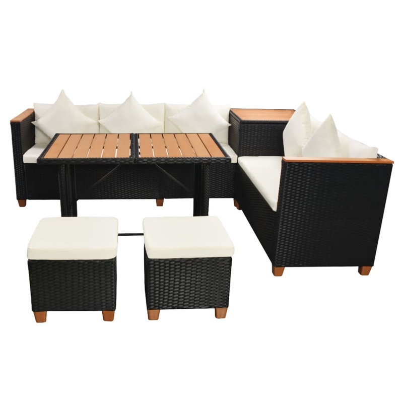 vidaXL 7 Piece Poly Rattan Garden Dining Set with Cushions in Black